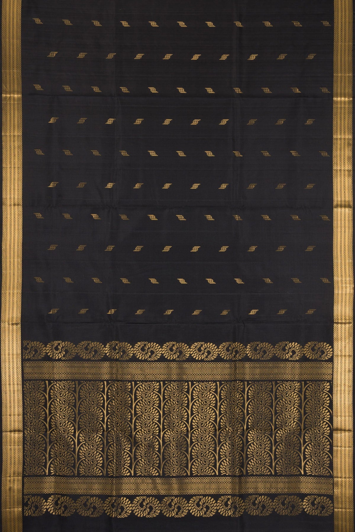Flat view of Black Dual Tone Soft Silk Saree with Zari Butta on the body and Zari Border. 