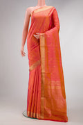 Coral Dual Tone Soft Silk Saree with Zari Butta on the body and Zari Border.  displayed on a mannequin