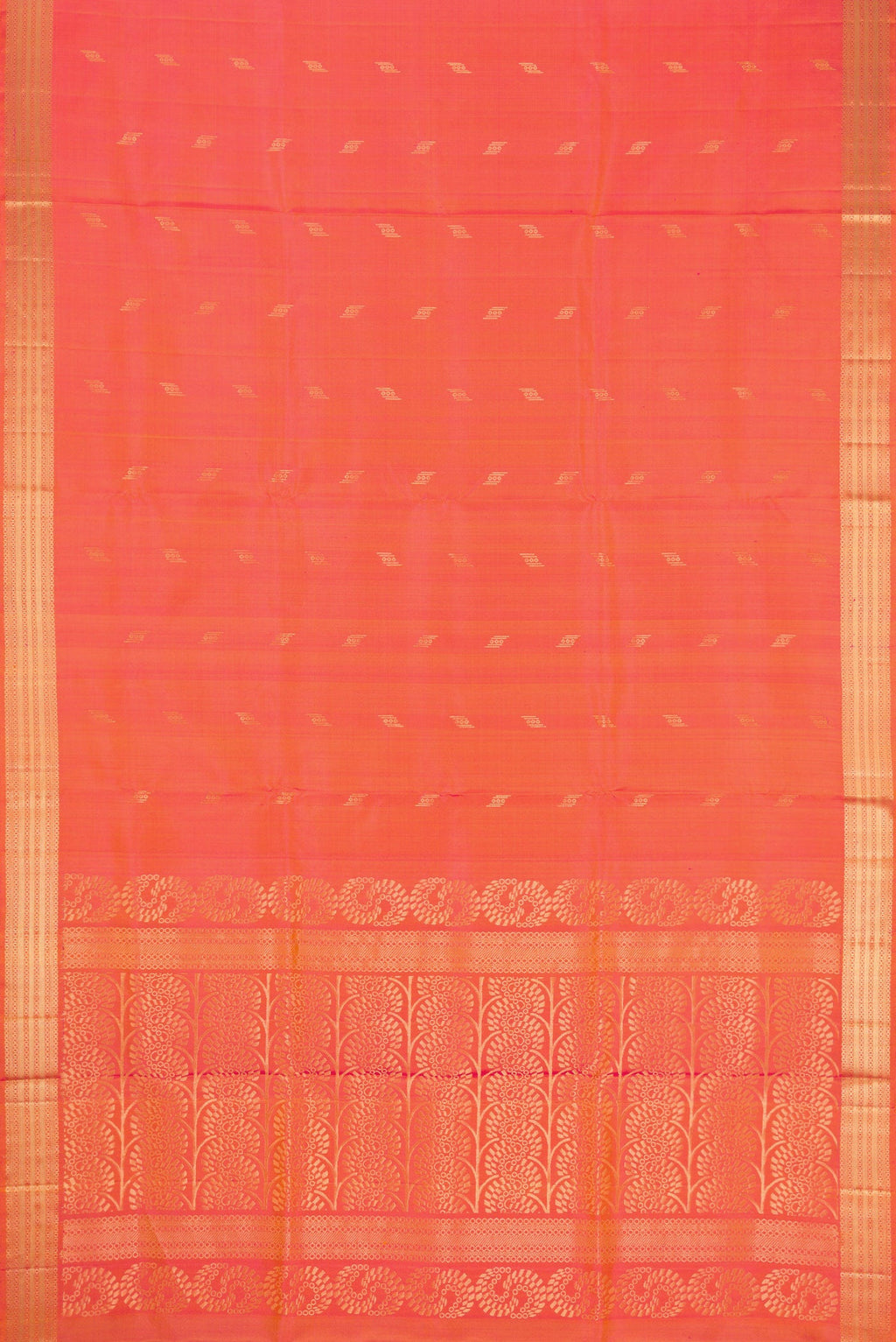 Flat view of Coral Dual Tone Soft Silk Saree with Zari Butta on the body and Zari Border. 