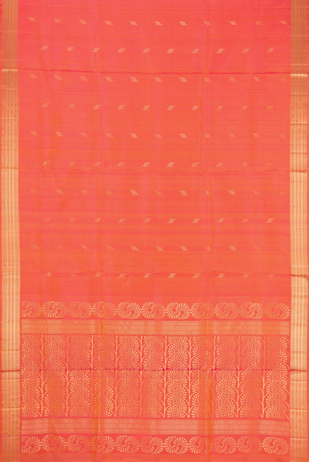 Flat view of Coral Dual Tone Soft Silk Saree with Zari Butta on the body and Zari Border. 