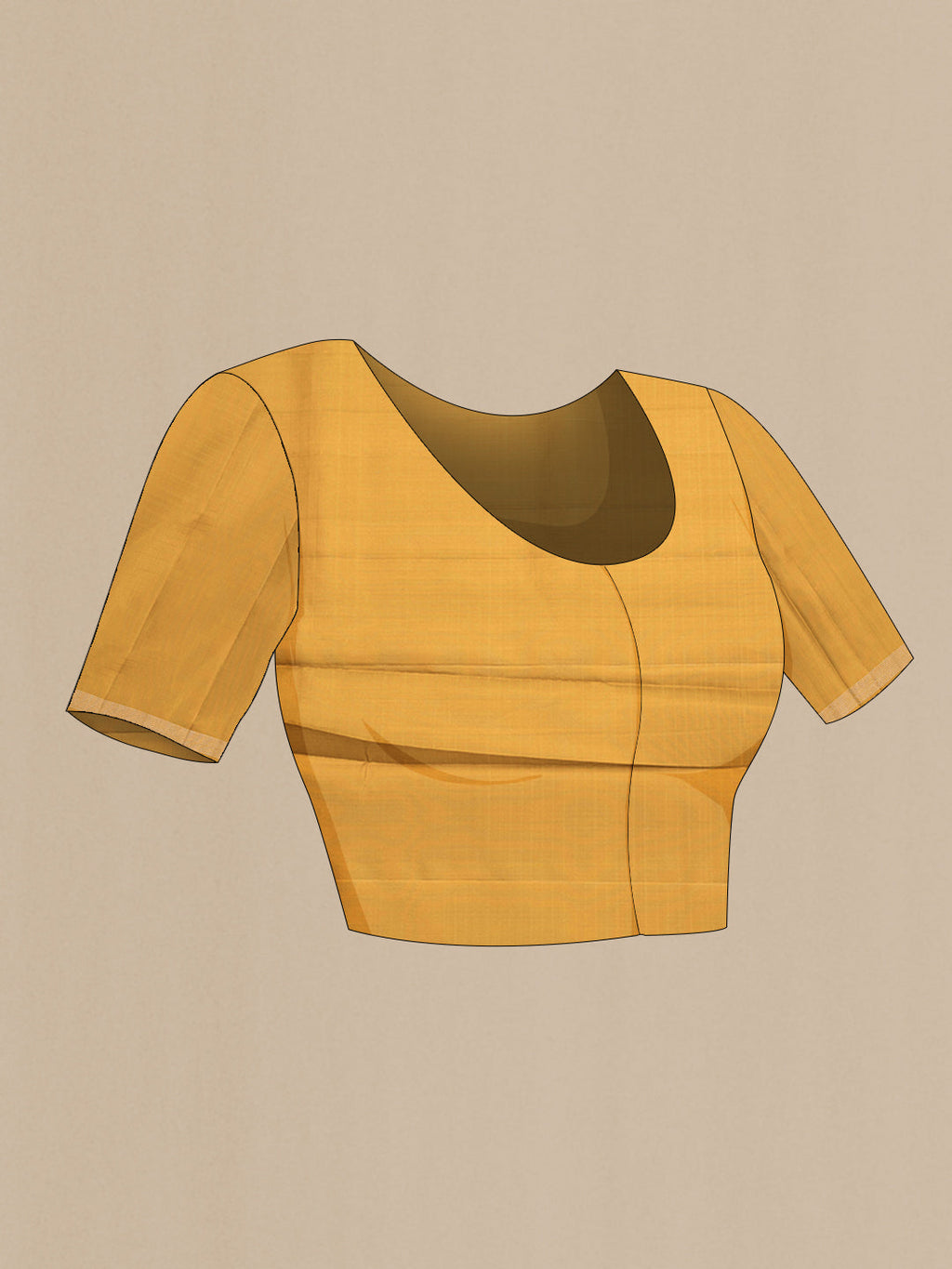 Close up image of the blouse of Mustard Dual Tone Soft Silk Saree with Zari Butta on the body and Zari Border. 