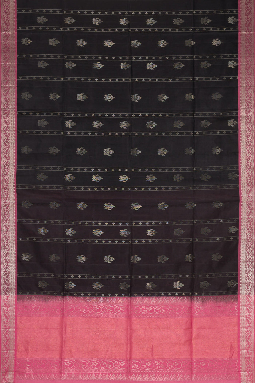 Flat view of Black Dual Tone Soft Silk Saree with Zari Butta on the body and Zari Border. 