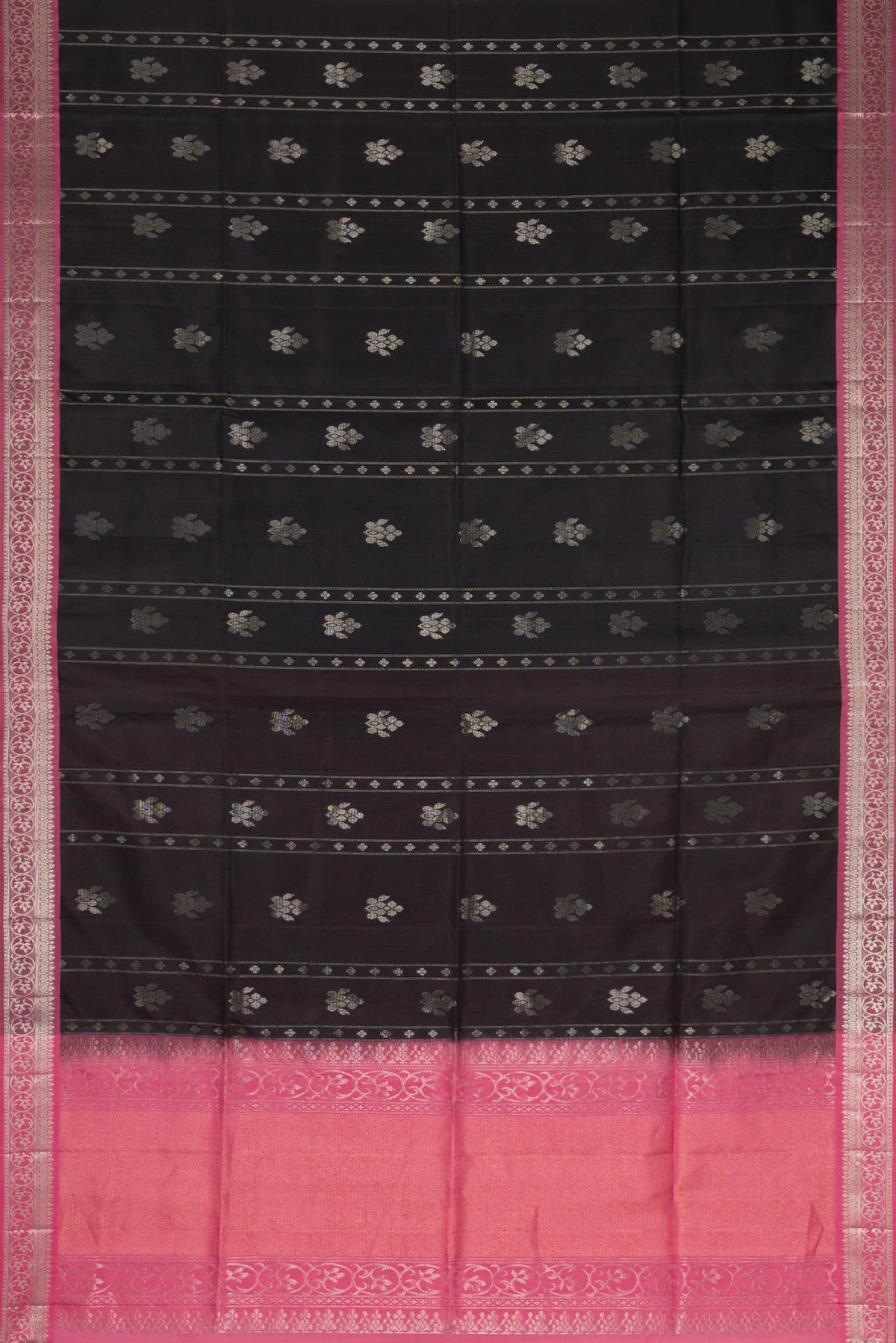 Flat view of Black Dual Tone Soft Silk Saree with Zari Butta on the body and Zari Border. 