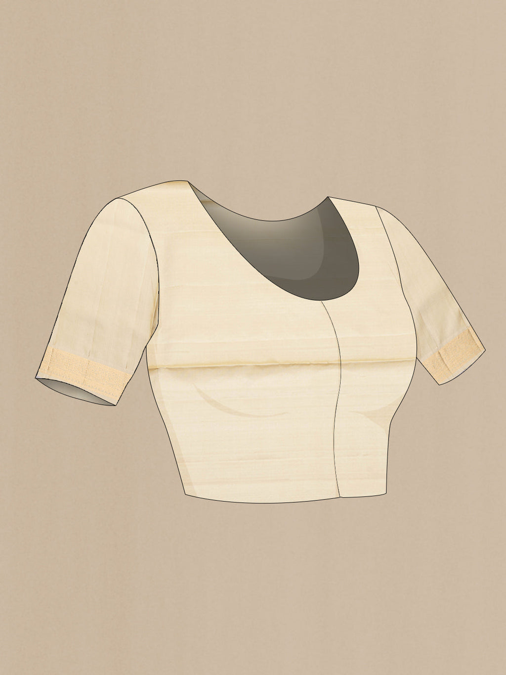 Close up image of the blouse of Beige Soft Silk Saree with Zari Butta on the body and Zari Border. 