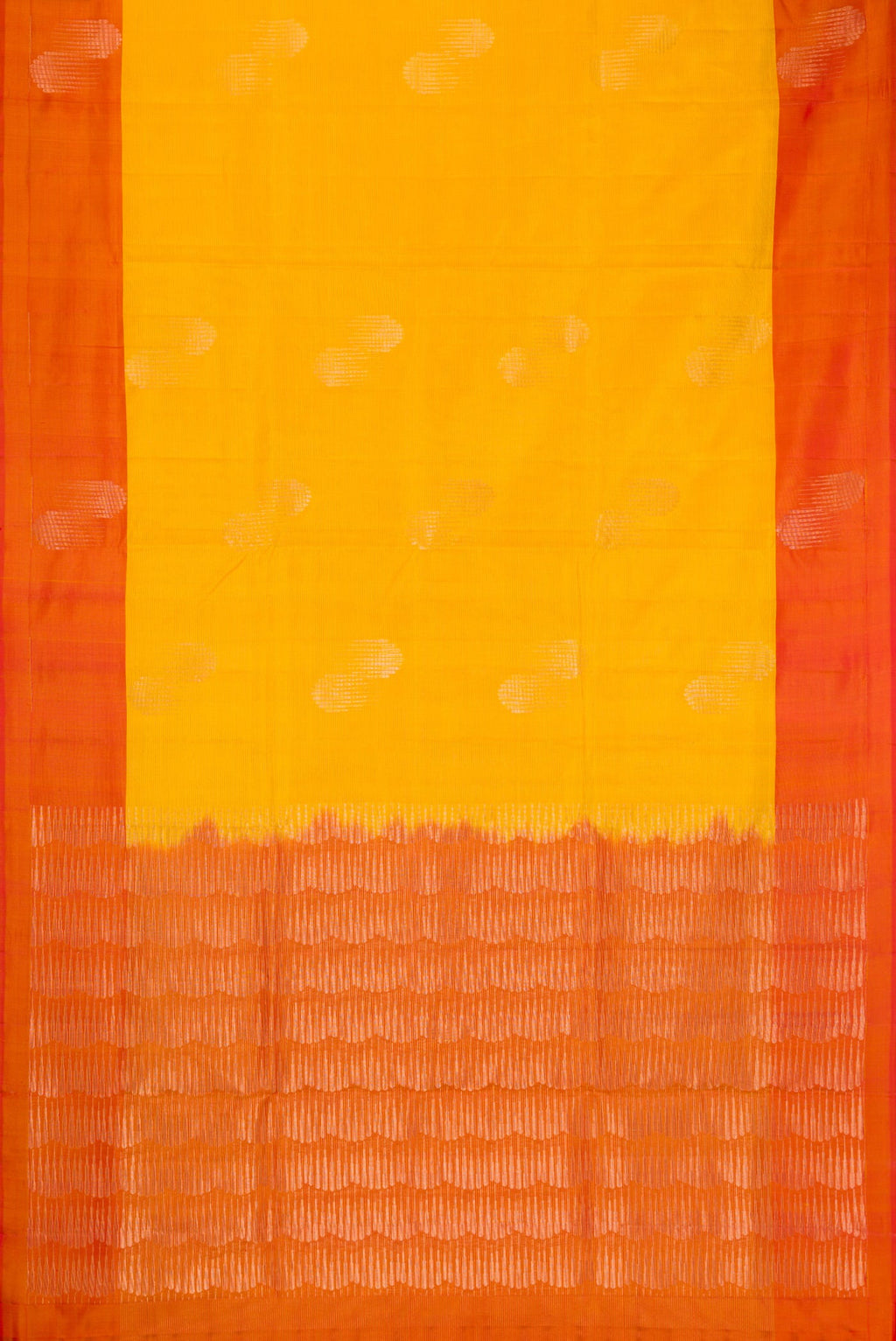 Flat view of Yellow Soft Silk Saree with Stripes on the body and Zari Border. 