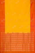 Yellow Soft Silk Saree with Stripes on the body and Zari Border.  displayed on a mannequin