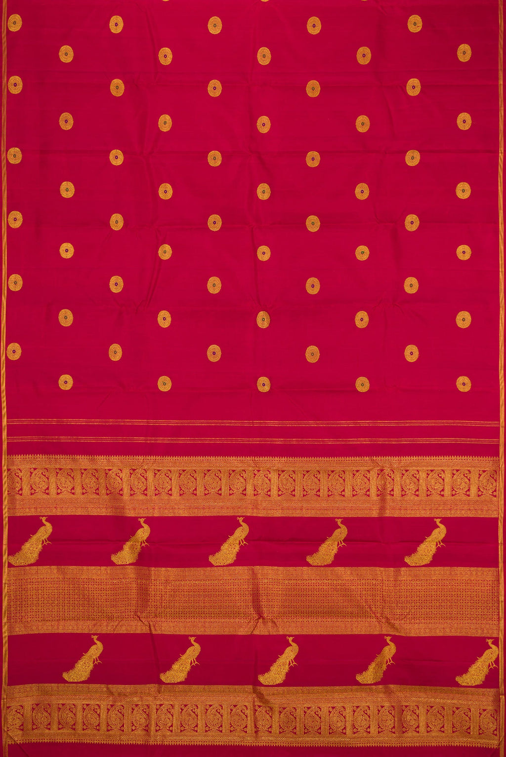 Flat view of Maroon Kanchipuram Silk Saree with Zari And Thread Butta on the body and Thin Zari Line. 