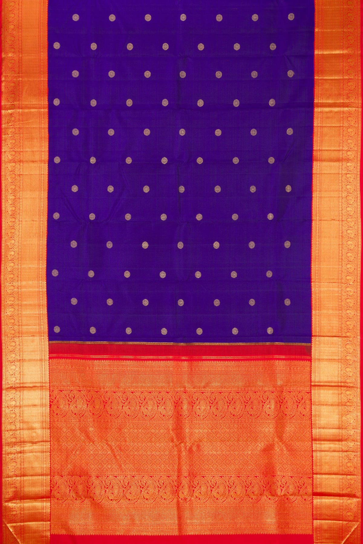 Flat view of Royal Blue Dual Tone Kanchipuram Silk Saree with Zari Butta on the body and Zari Border. 