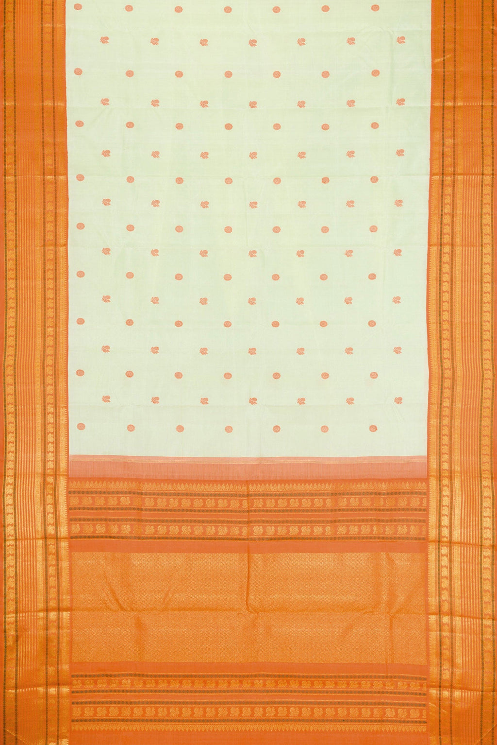 Flat view of Pure Silk Pure Zari Pista Green Dual Tone Kanjivaram Saree with Thread Butta on the body and Zari Border. 