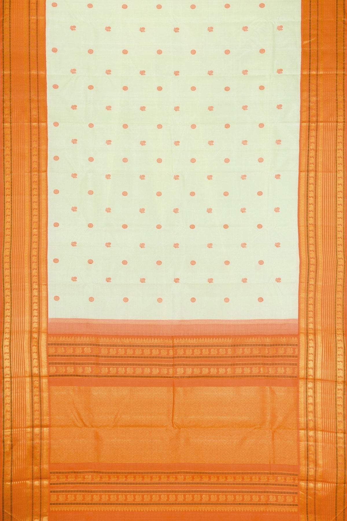 Flat view of Pure Silk Pure Zari Pista Green Dual Tone Kanjivaram Saree with Thread Butta on the body and Zari Border. 