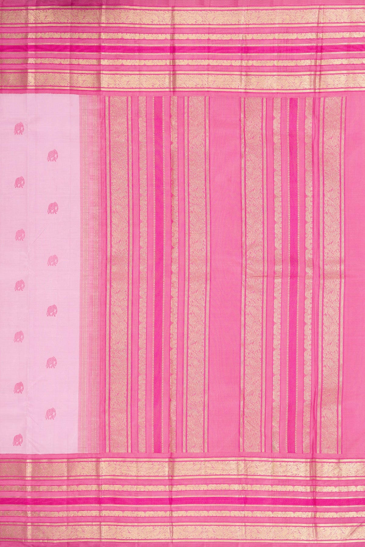 Close up image of the pallu of Pure Silk Pure Zari Rose pink Dual Tone Kanchipuram Saree with Thread Butta on the body and Fancy Border. 