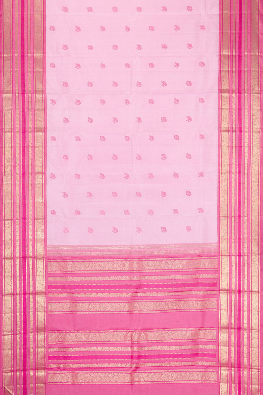 Flat view of Pure Silk Pure Zari Rose pink Dual Tone Kanchipuram Saree with Thread Butta on the body and Fancy Border. 