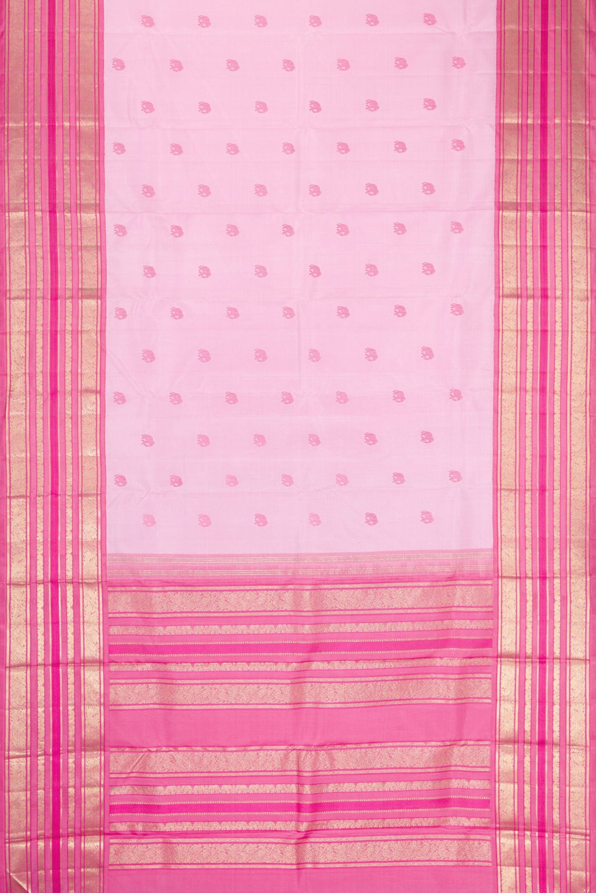 Flat view of Pure Silk Pure Zari Rose pink Dual Tone Kanchipuram Saree with Thread Butta on the body and Fancy Border. 