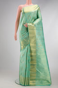 Pure Silk Pure Zari Sea Green Dual Tone Kanjivaram Saree with Zari Brocade on the body and Zari Border.  displayed on a mannequin