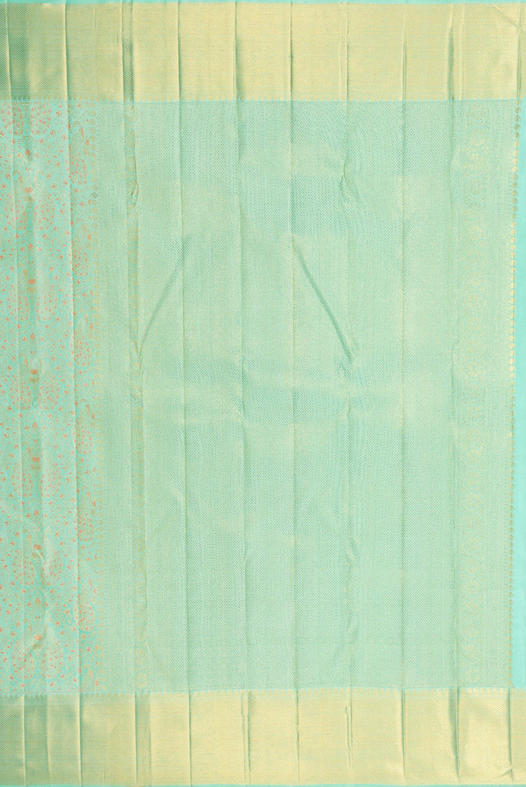 Close up image of the pallu of Pure Silk Pure Zari Sea Green Dual Tone Kanjivaram Saree with Zari Brocade on the body and Zari Border. 