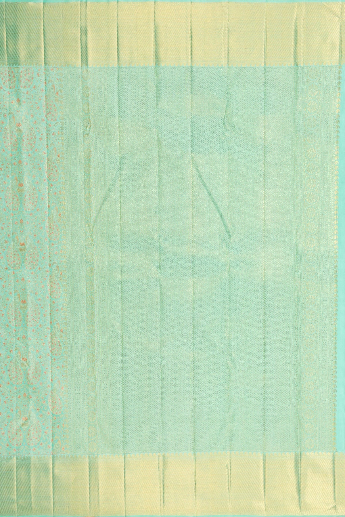 Close up image of the pallu of Pure Silk Pure Zari Sea Green Dual Tone Kanjivaram Saree with Zari Brocade on the body and Zari Border. 