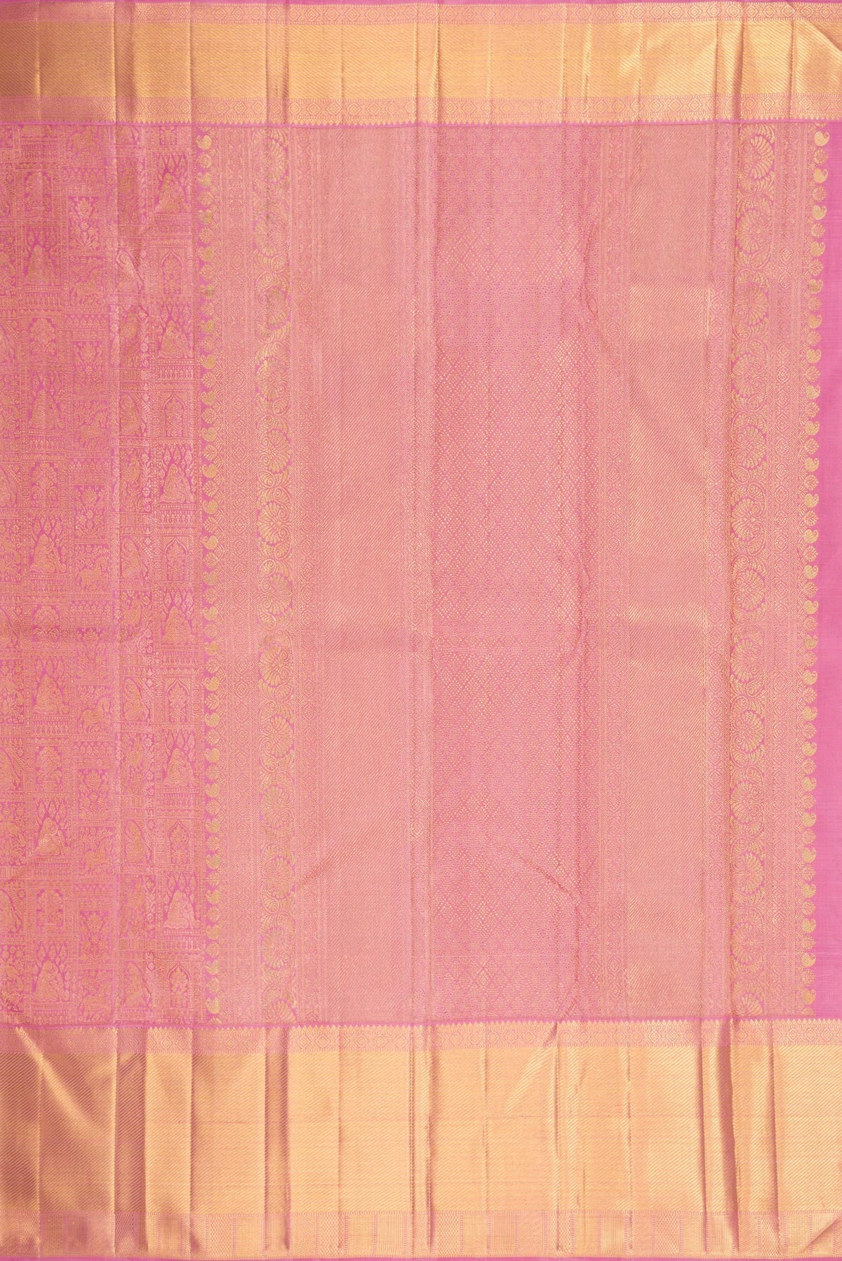 Close up image of the pallu of Pure Silk Pure Zari Pink Dual Tone Kanjivaram Saree with Zari Brocade on the body and Zari Border. 