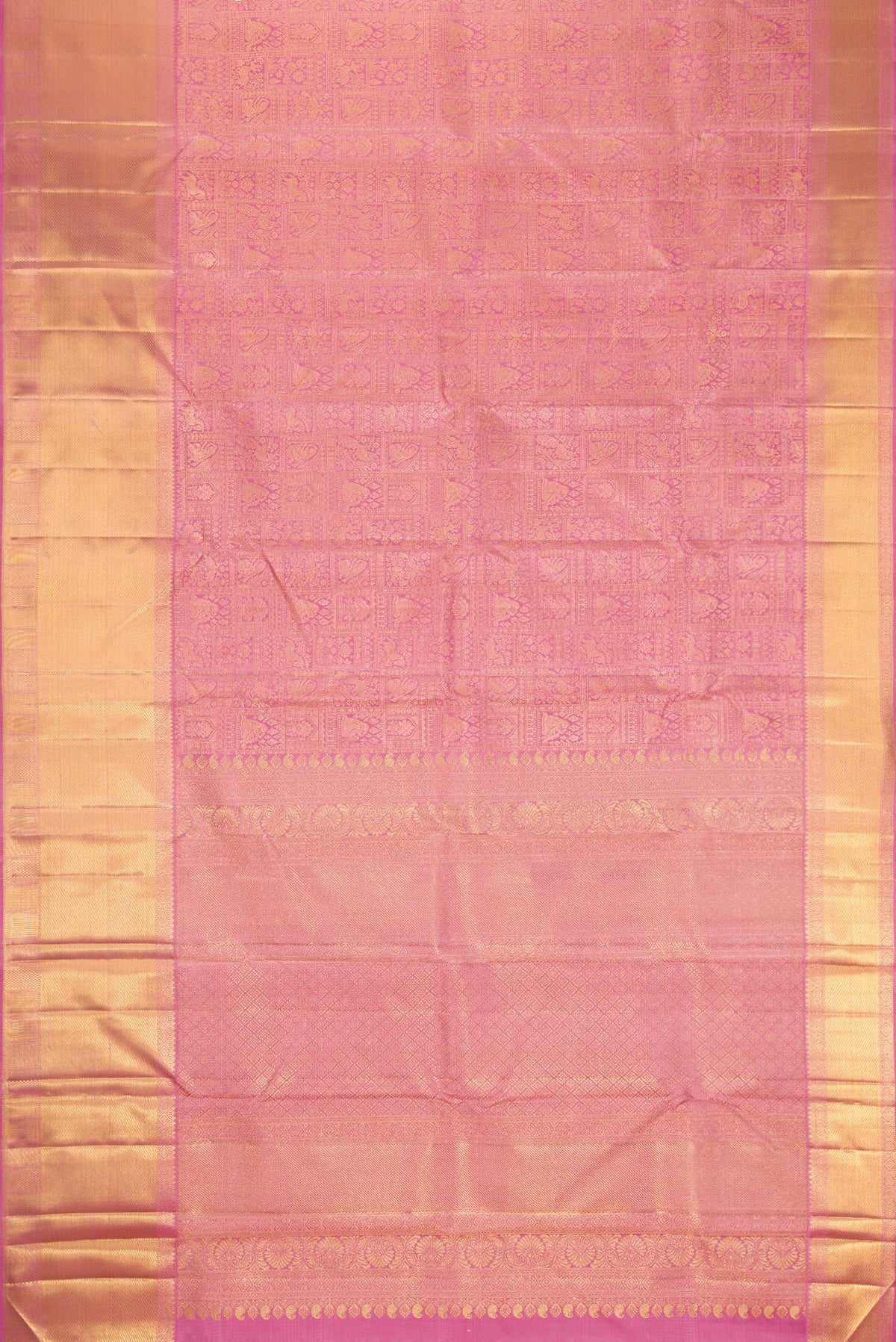 Flat view of Pure Silk Pure Zari Pink Dual Tone Kanjivaram Saree with Zari Brocade on the body and Zari Border. 