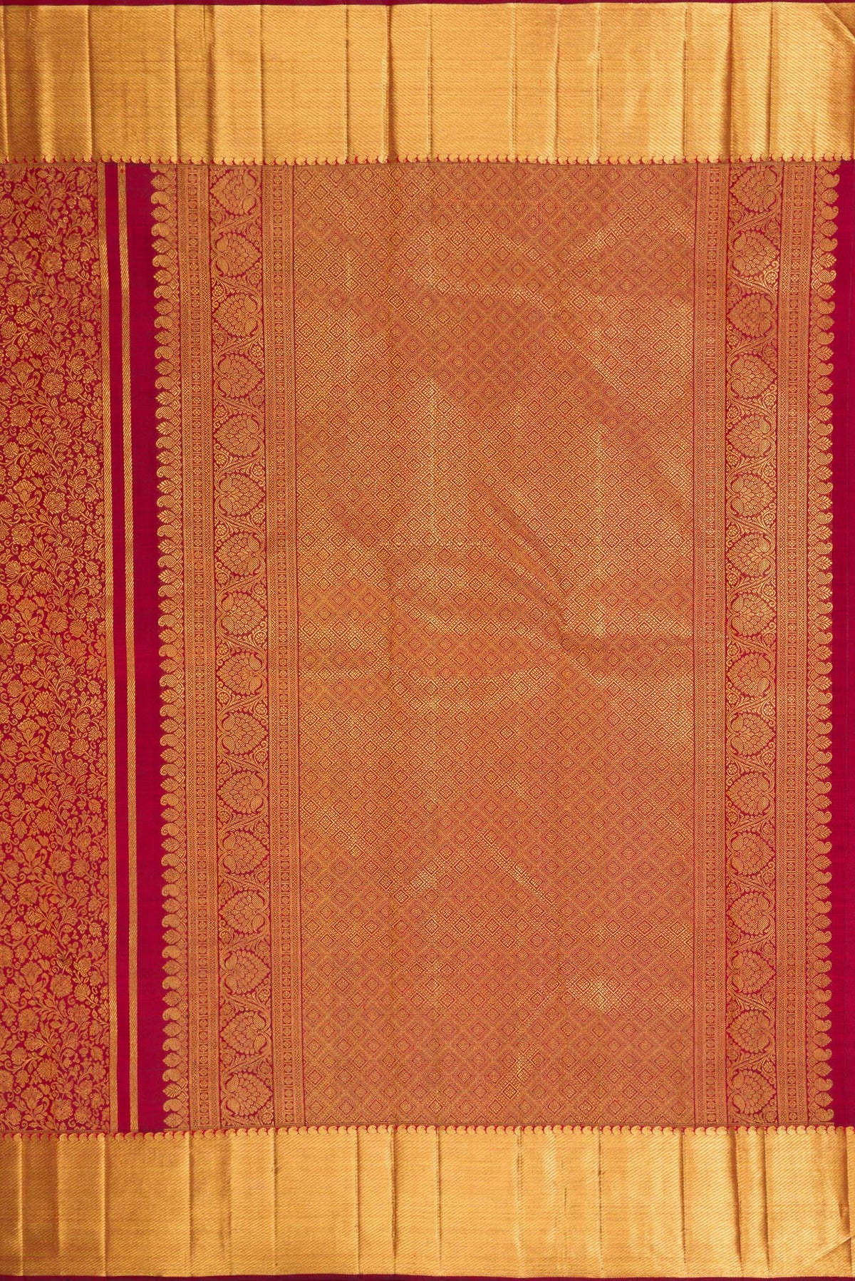 Close up image of the pallu of Pure Silk Pure Zari Maroon Kanjivaram Saree with Zari Brocade on the body and Zari Border. 