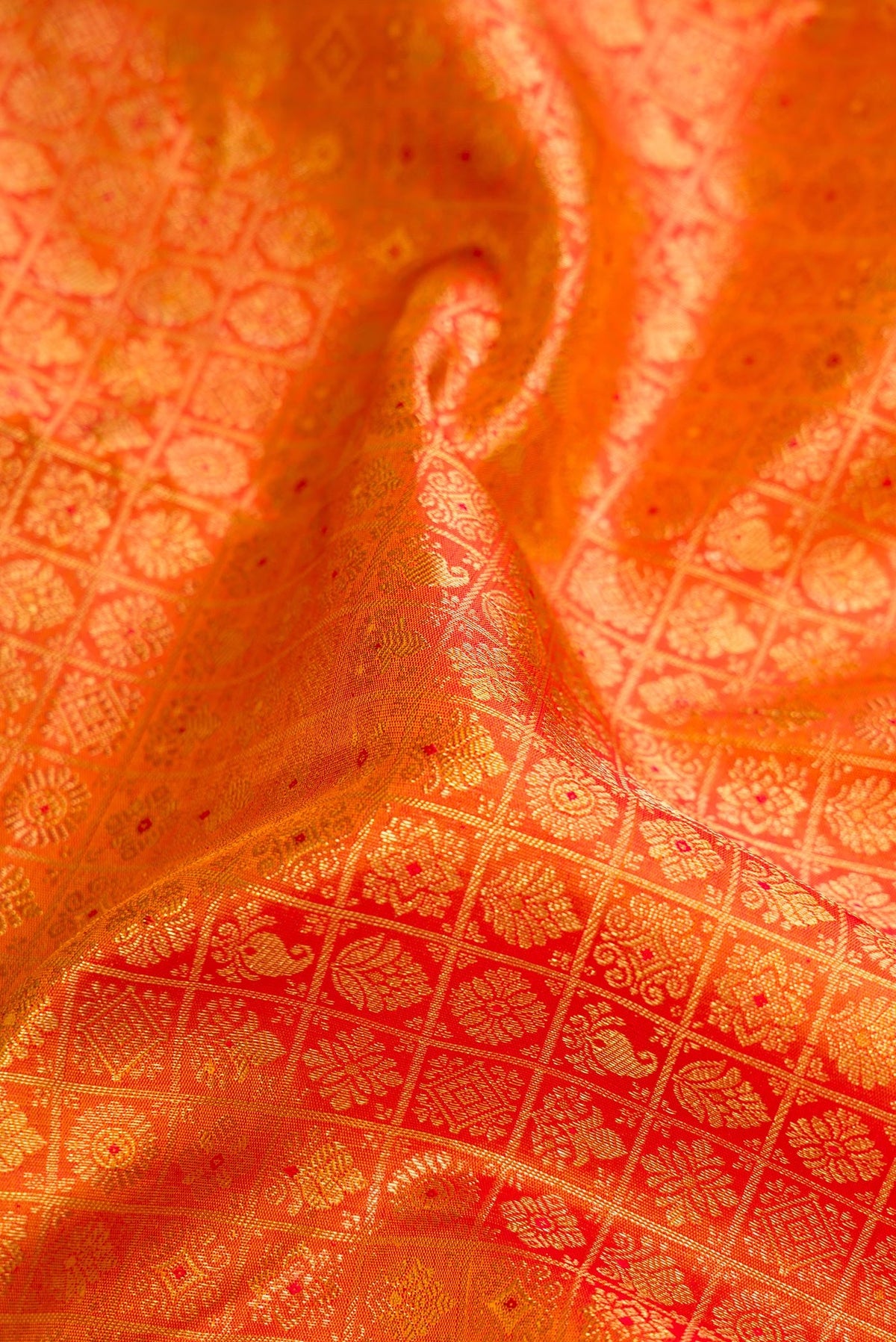 Close up of Pure Silk Pure Zari Mustard Dual Tone Kanjivaram Saree with Zari Brocade on the body and Zari Border.  displaying folds