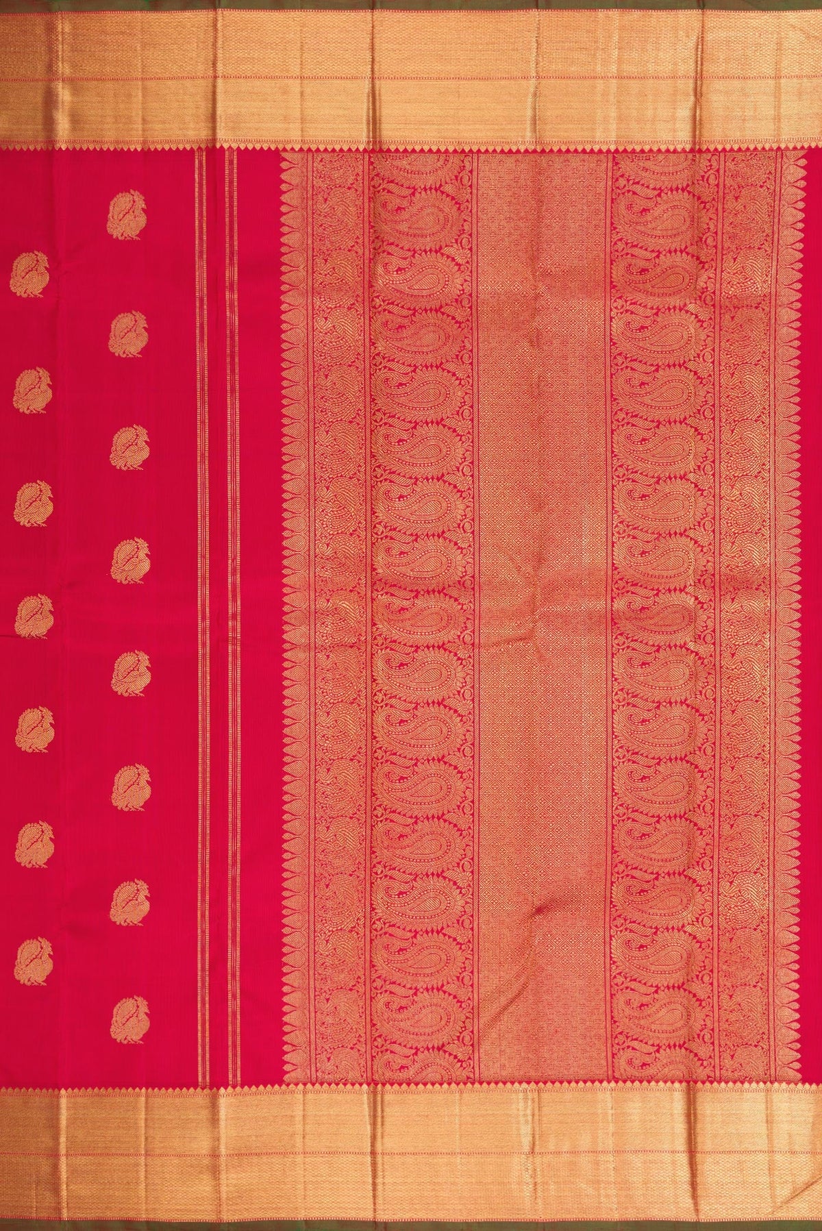 Close up image of the pallu of Pure Silk Pure Zari Red Dual Tone Kanjivaram Saree with Zari Butta on the body and Zari Border. 