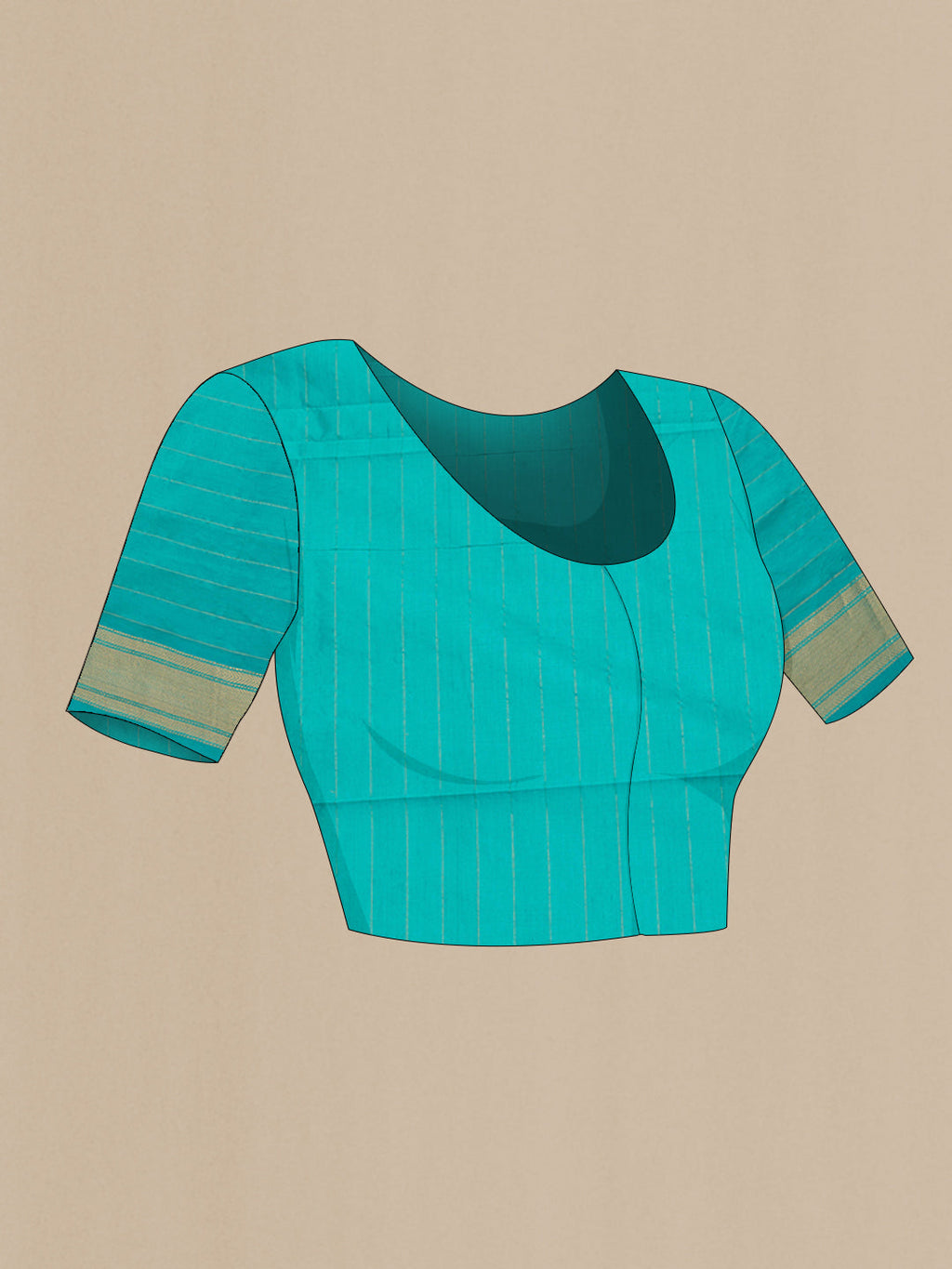 Close up image of the blouse of Brown Silk Cotton Saree with Stripes on the body and Zari Border. 