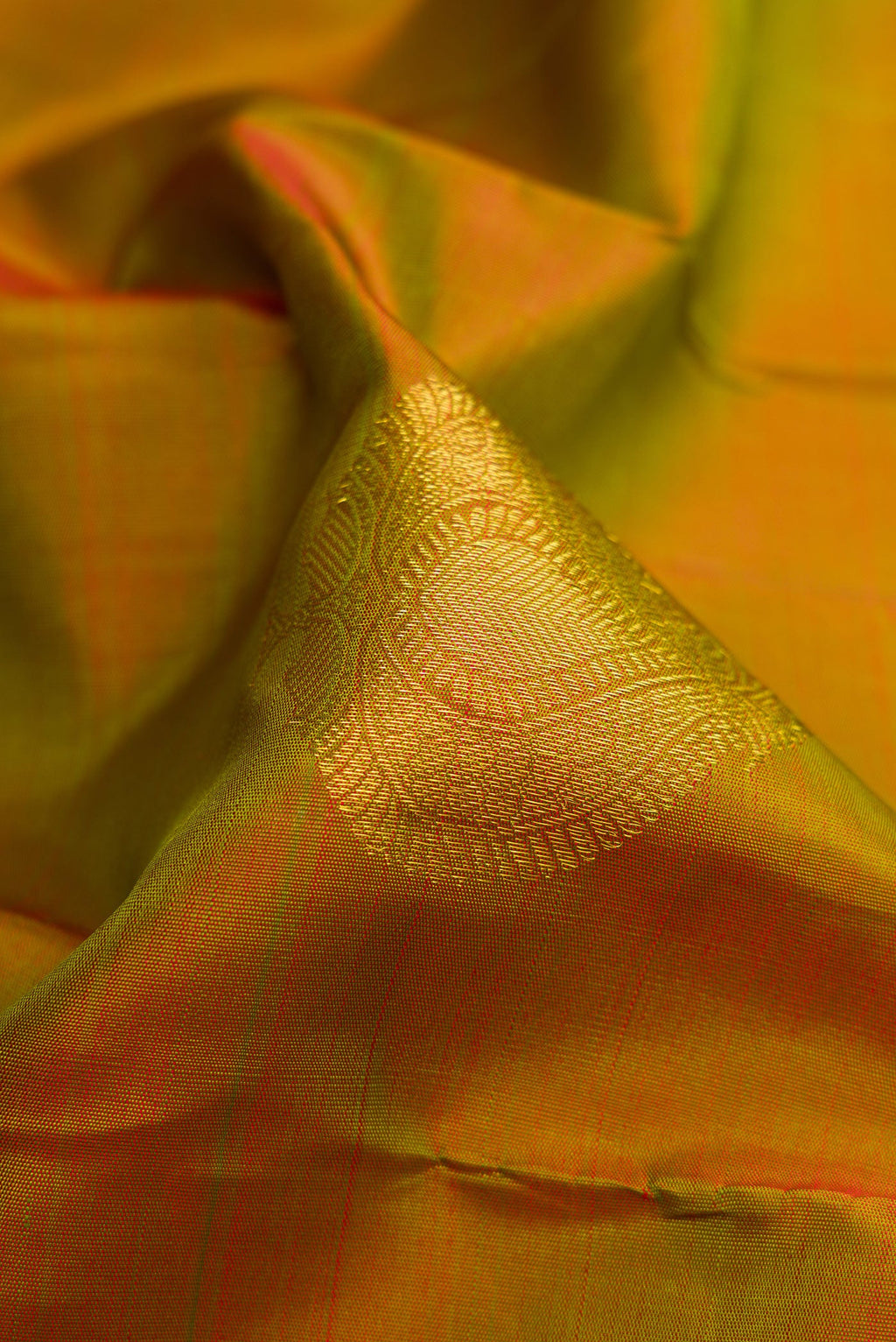 Close up of Mehandi Green Dual Tone Kanjivaram Silk Saree with Zari Butta on the body and Zari Border.  displaying folds