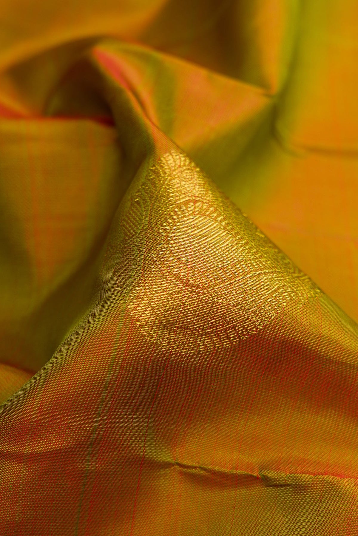 Close up of Mehandi Green Dual Tone Kanjivaram Silk Saree with Zari Butta on the body and Zari Border.  displaying folds