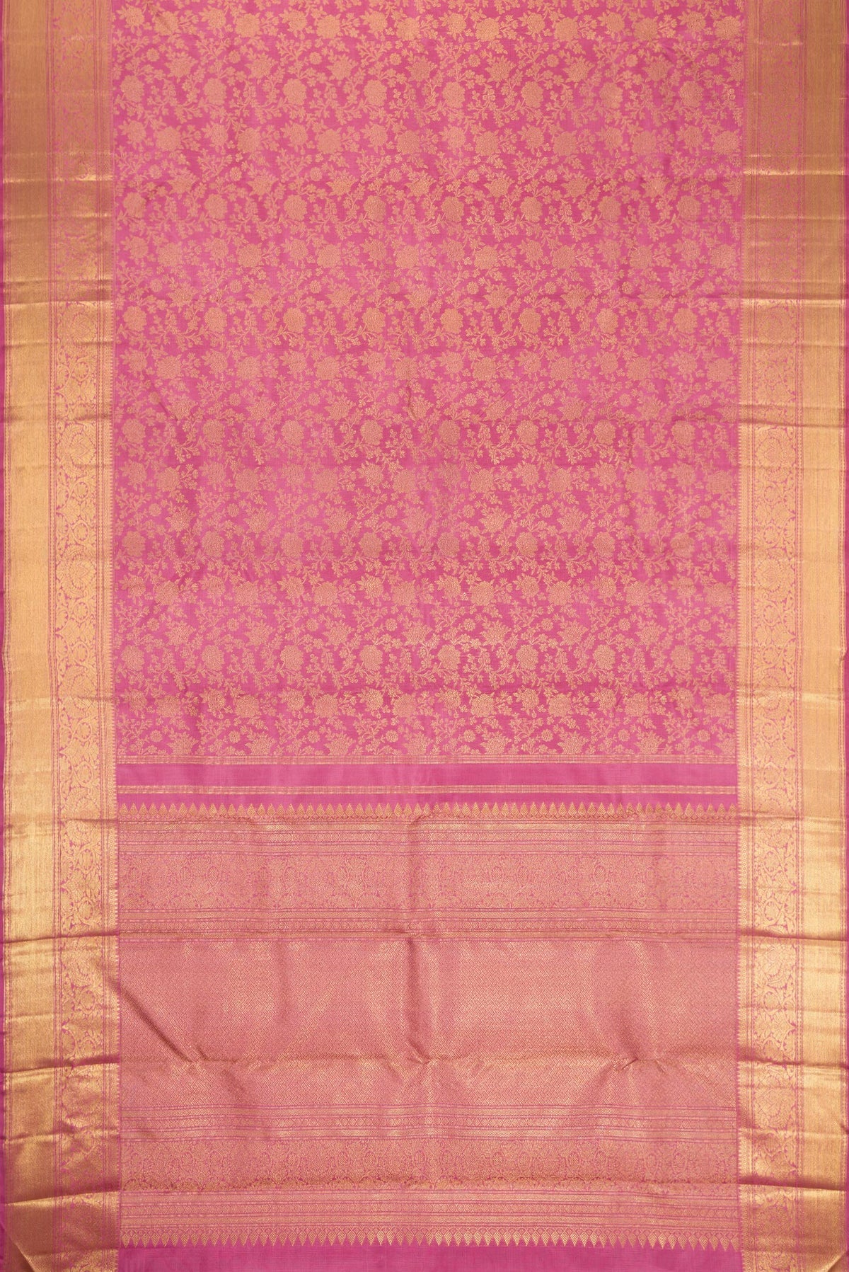 Flat view of Pure Silk Pure Zari Pink Dual Tone Kanjivaram Saree with Zari Brocade on the body and Zari Border. 