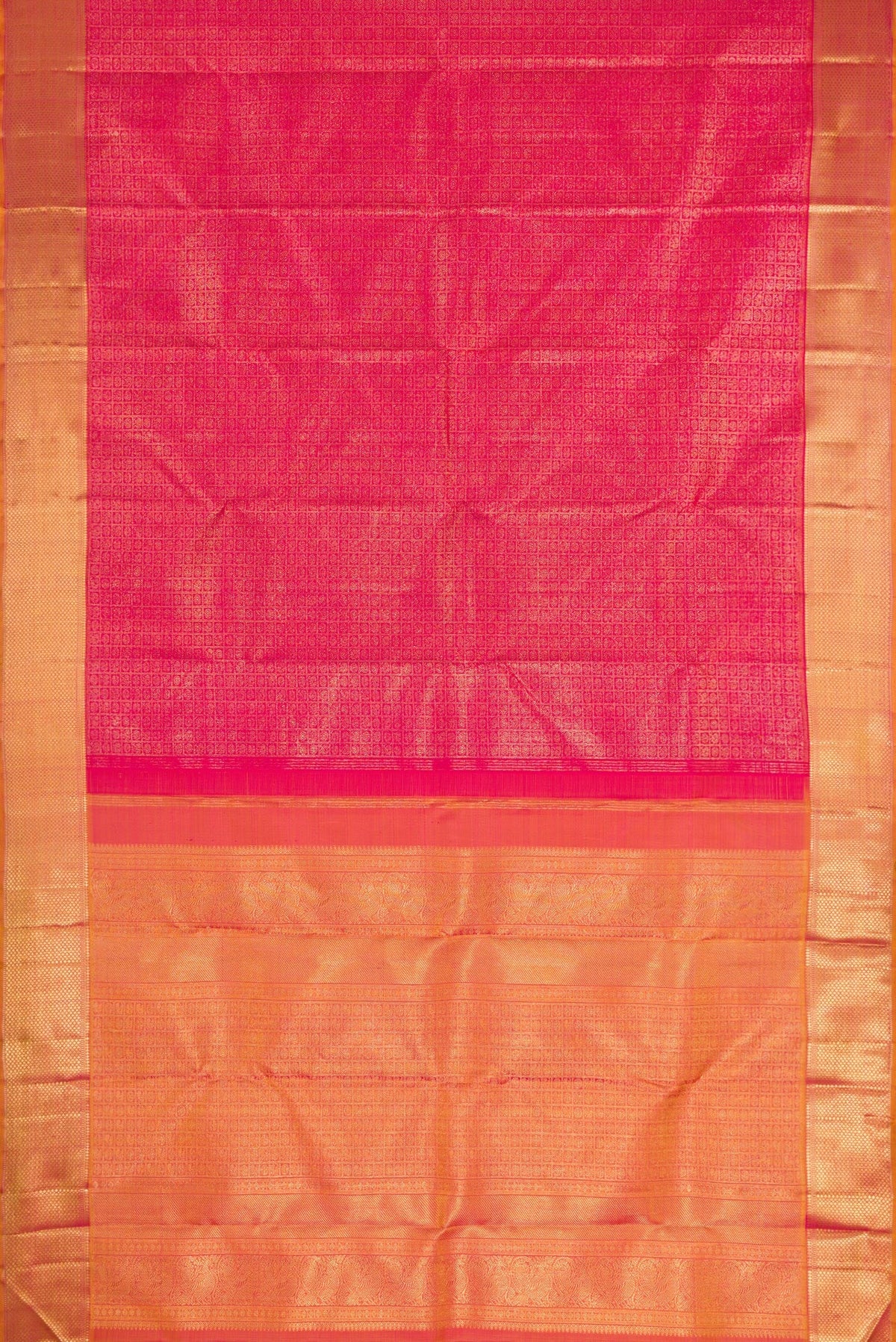 Flat view of Pure Silk Pure Zari Pink Dual Tone Kanjivaram Saree with Zari Brocade on the body and Zari Border. 