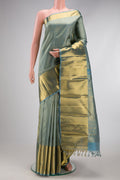 Pure Silk Pure Zari Blue Grey Dual Tone Kanjivaram Saree with Zari Brocade on the body and Zari Border.  displayed on a mannequin