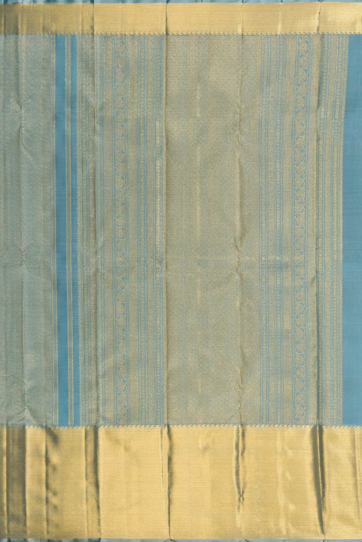 Close up image of the pallu of Pure Silk Pure Zari Blue Grey Dual Tone Kanjivaram Saree with Zari Brocade on the body and Zari Border. 