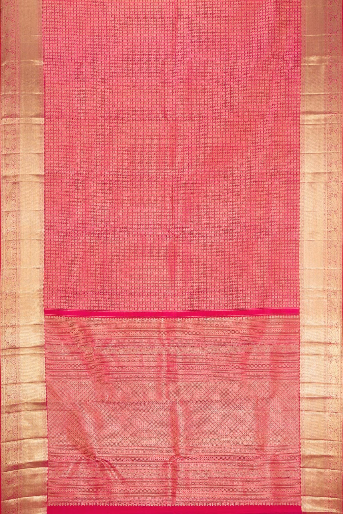 Flat view of Coral Dual Tone Kanchipuram Silk Saree with Zari Brocade on the body and Zari Border. 