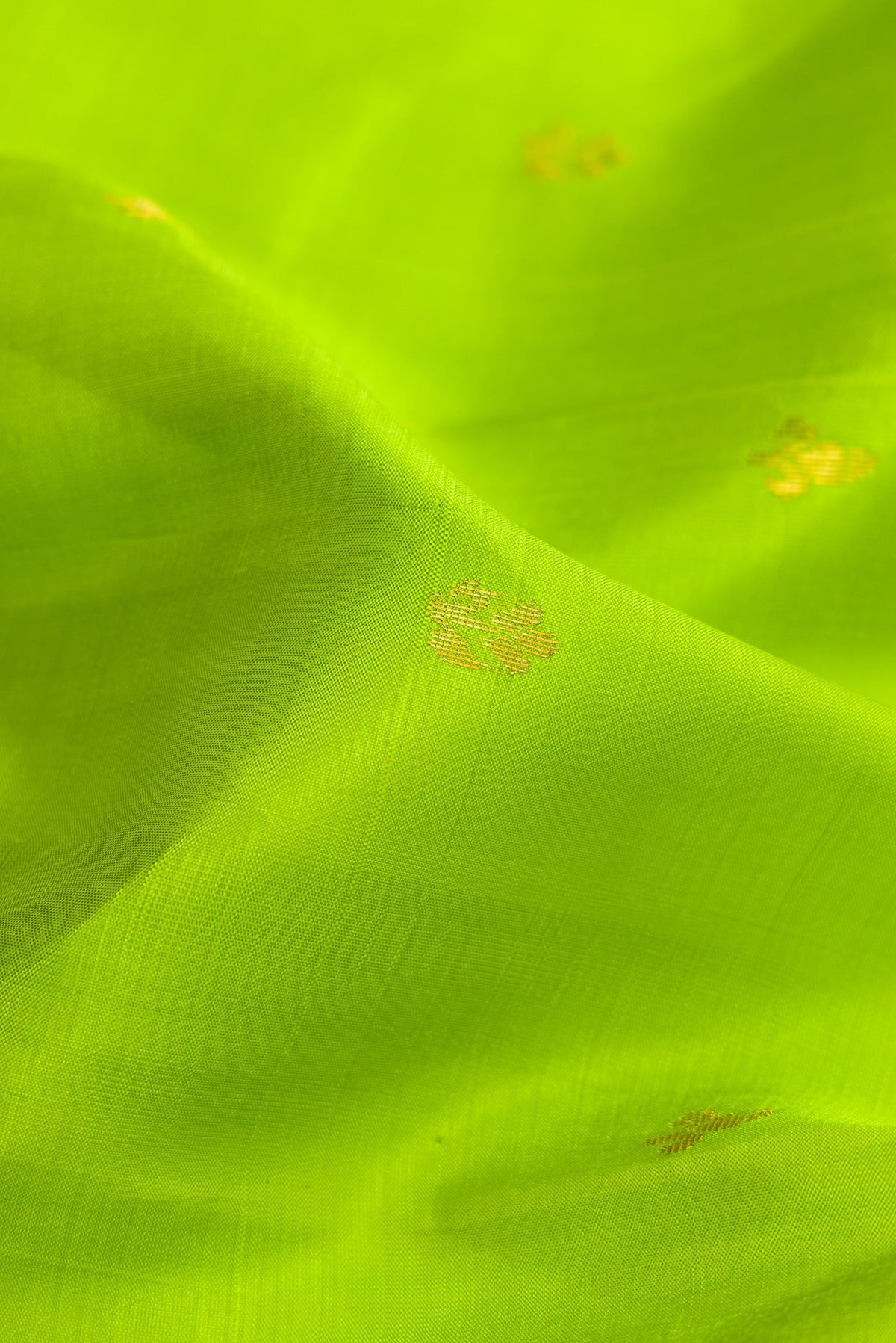 Close up of Parrot Green Dual Tone Kanjivaram Silk Saree with Zari Butta on the body and Zari Border.  displaying folds
