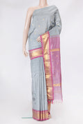 Grey Kanjivaram Silk Saree with Zari Butta on the body and One Side Border.  displayed on a mannequin