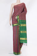 Multi Color Kanchipuram Silk Saree with Checked design on the body and One Side Border.  displayed on a mannequin