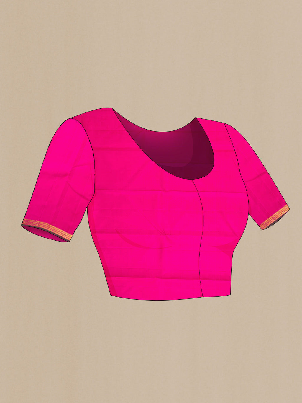 Close up image of the blouse of Pink Kanchipuram Silk Saree with Zari Butta on the body and Zari Border. 