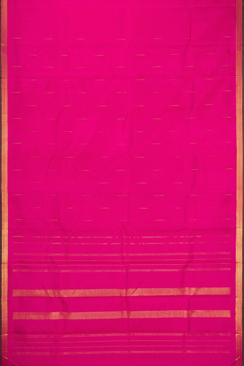 Flat view of Pink Kanchipuram Silk Saree with Zari Butta on the body and Zari Border. 