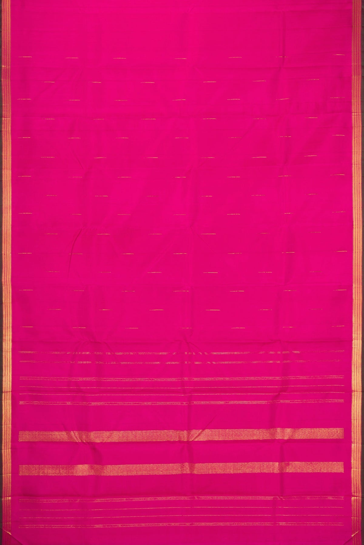 Flat view of Pink Kanchipuram Silk Saree with Zari Butta on the body and Zari Border. 