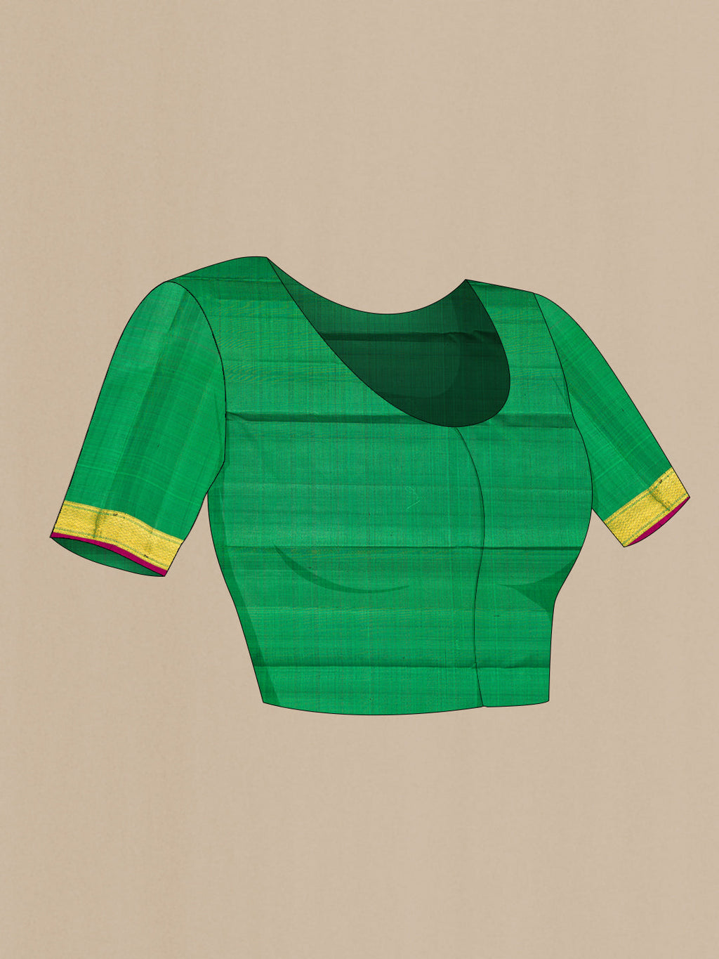 Close up image of the blouse of Green Kanchipuram Silk Saree with Zari Butta on the body and Zari Border. 