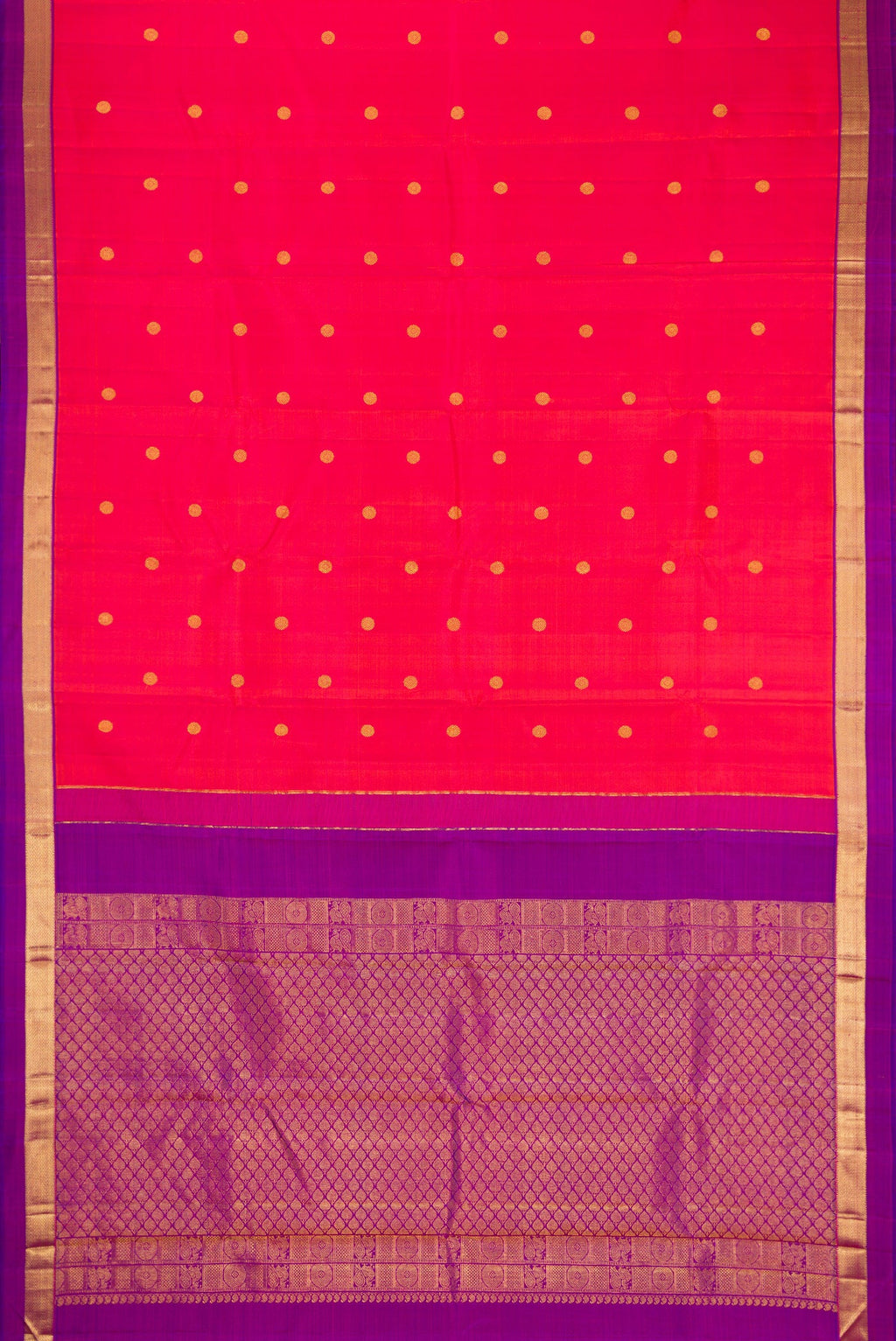 Flat view of Coral Dual Tone Kanchipuram Silk Saree with Zari Butta on the body and Zari Border. 