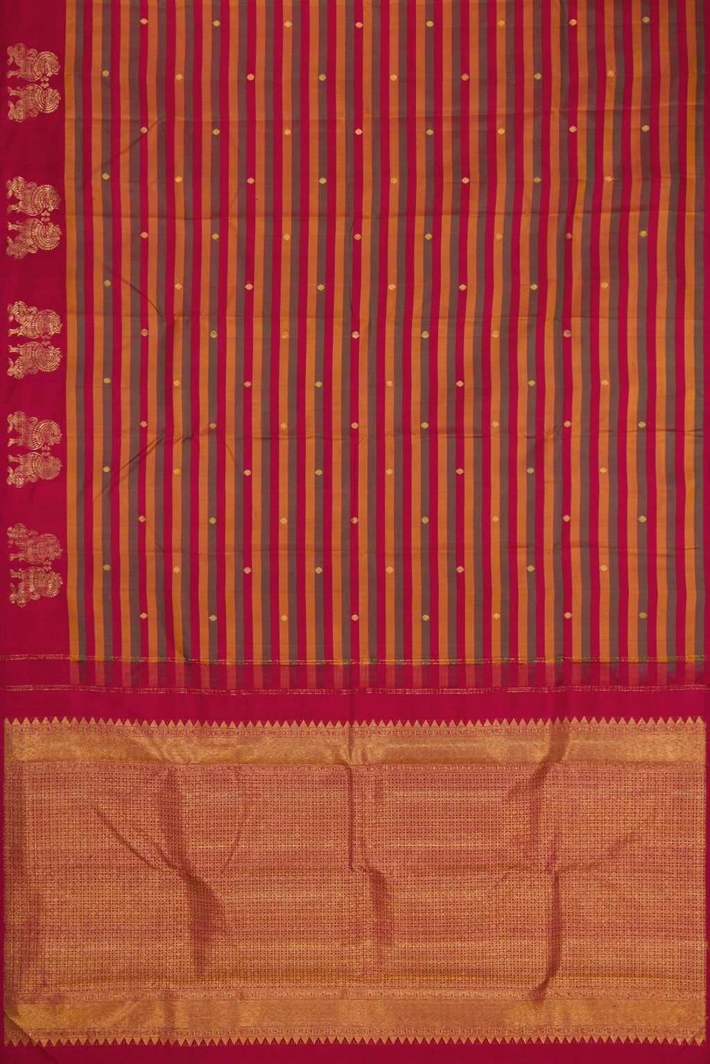 Flat view of Multi Color Kanchipuram Silk Saree with Stripes on the body and Fancy Border. 
