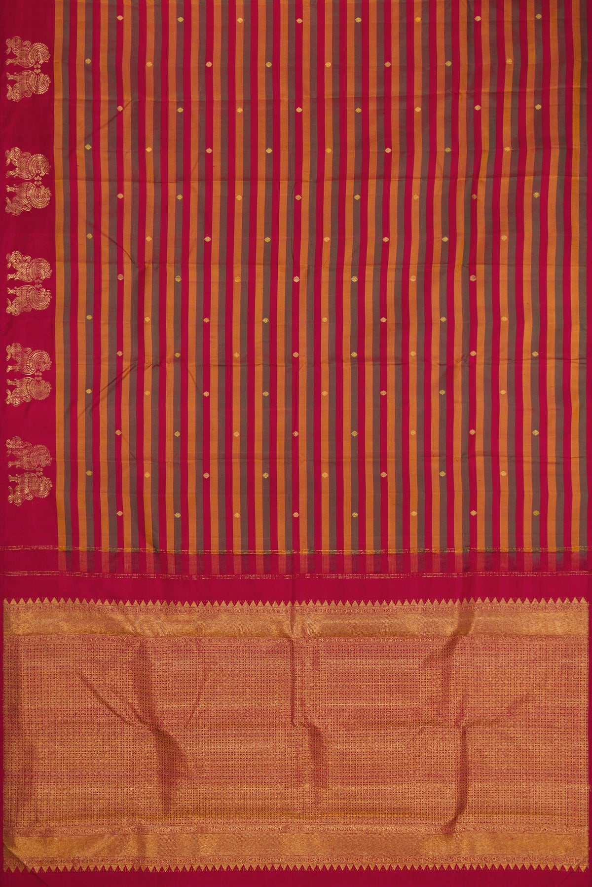 Flat view of Multi Color Kanchipuram Silk Saree with Stripes on the body and Fancy Border. 