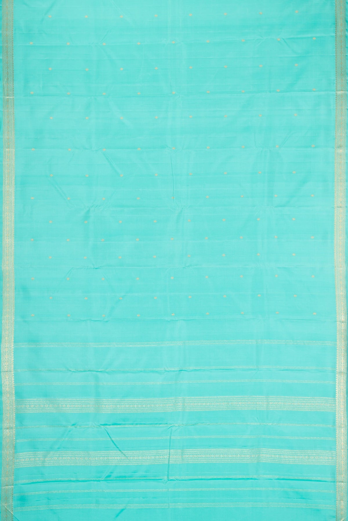 Flat view of Sky Blue Dual Tone Kanchipuram Silk Saree with Zari Butta on the body and Zari Border. 