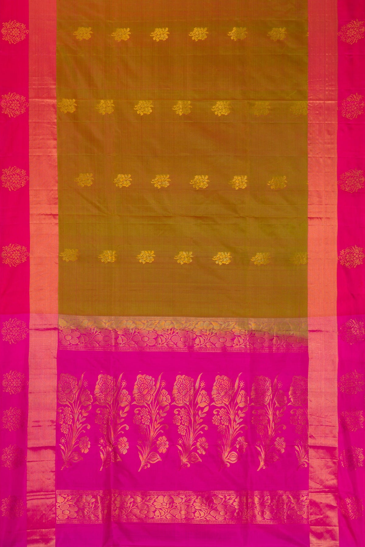 Flat view of Mehandi Green Dual Tone Soft Silk Saree with Zari Butta on the body and Fancy Border. 