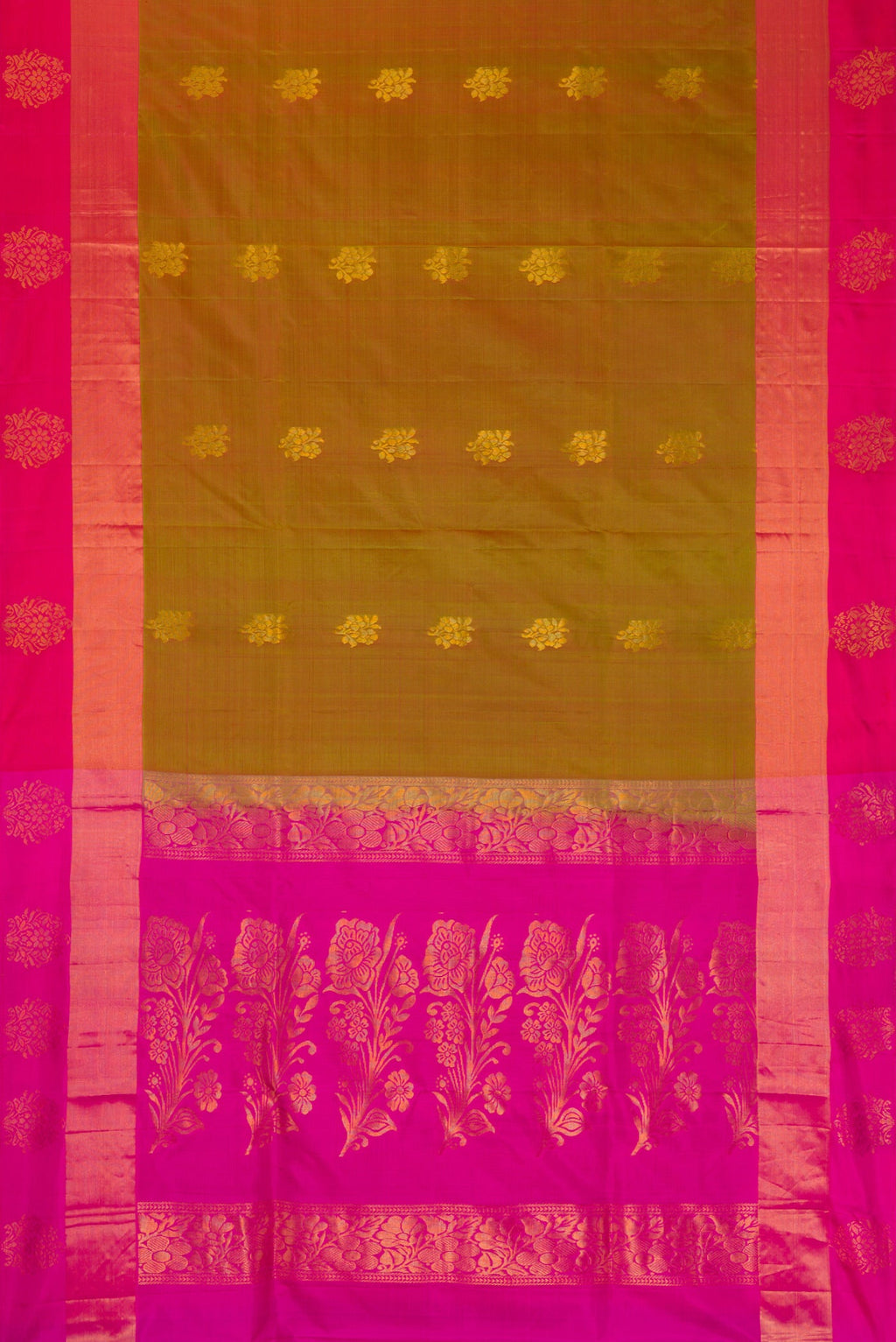 Mehandi Green Dual Tone Soft Silk Saree with Zari Butta on the body and Fancy Border.  displayed on a mannequin