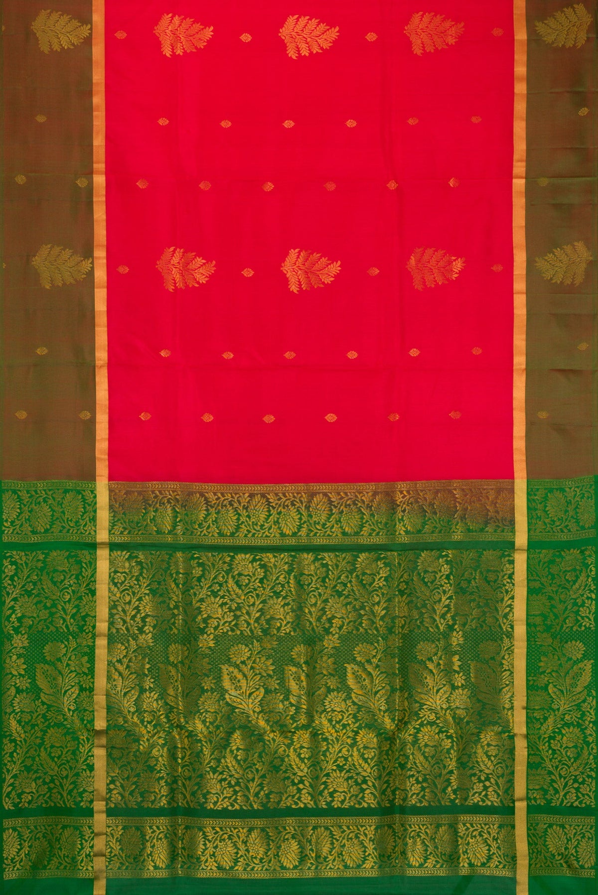 Flat view of Pink Soft Silk Saree with Zari Butta on the body and Fancy Border. 