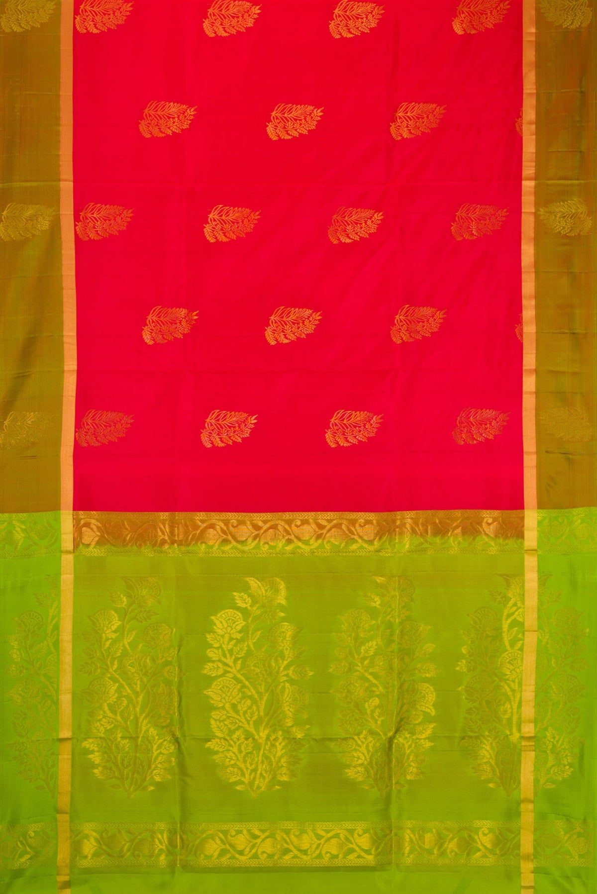 Flat view of Pink Soft Silk Saree with Zari Butta on the body and Fancy Border. 
