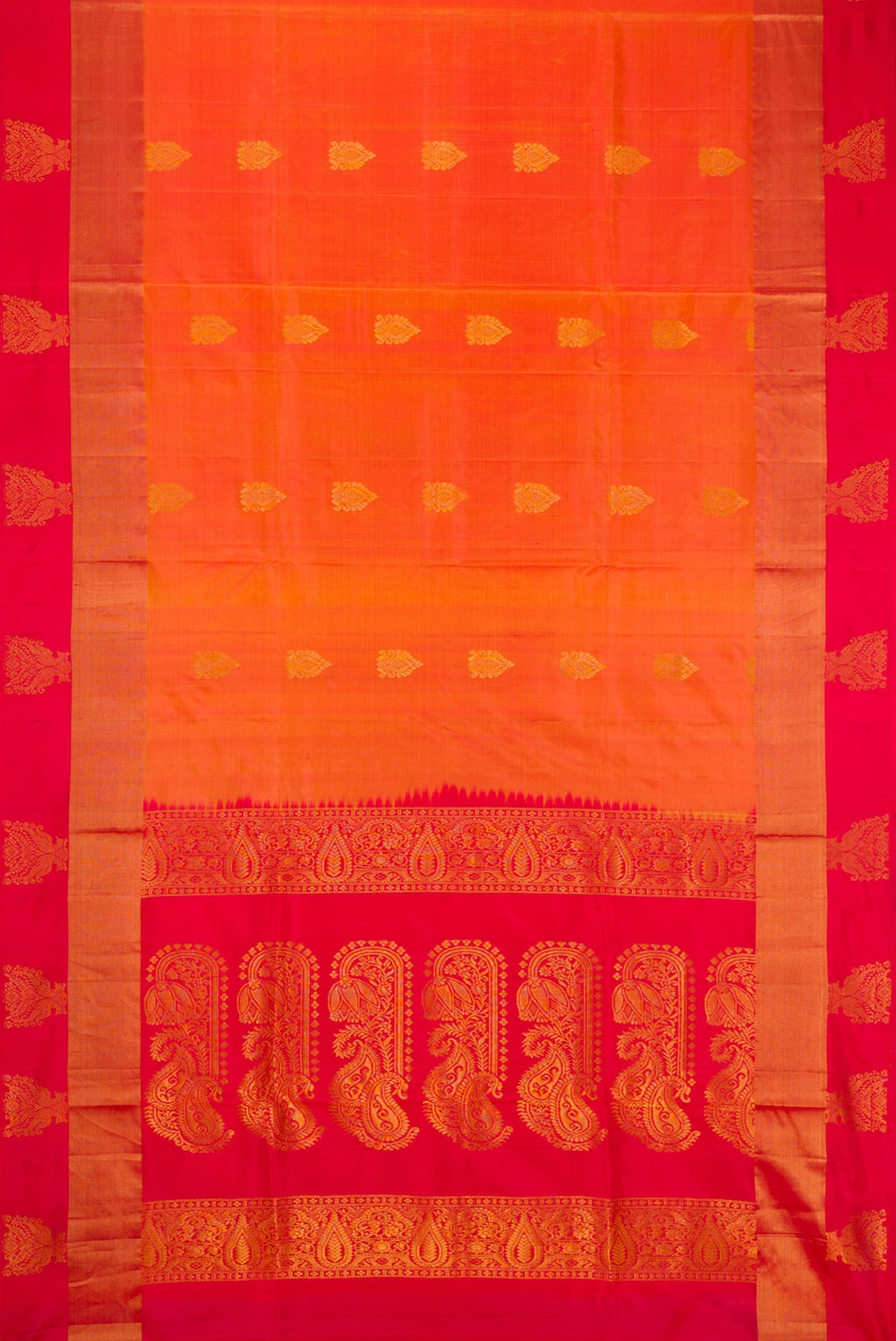Flat view of Orange Dual Tone Soft Silk Saree with Zari Butta on the body and Fancy Border. 