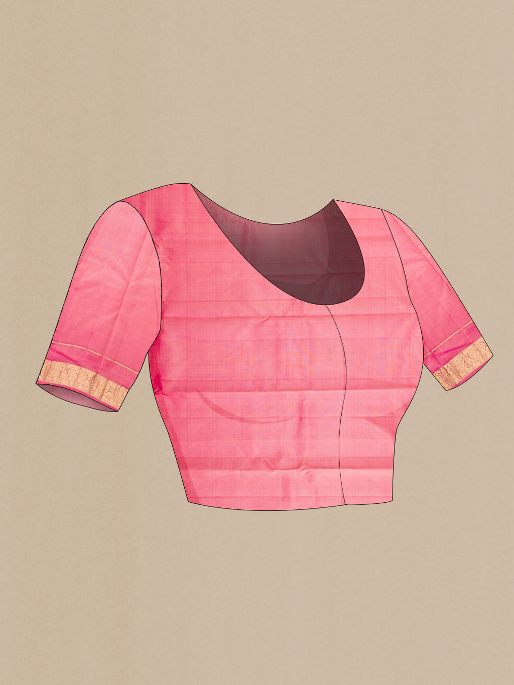 Close up image of the blouse of Beige Kanchipuram Silk Saree with Zari Butta on the body and Zari Border. 